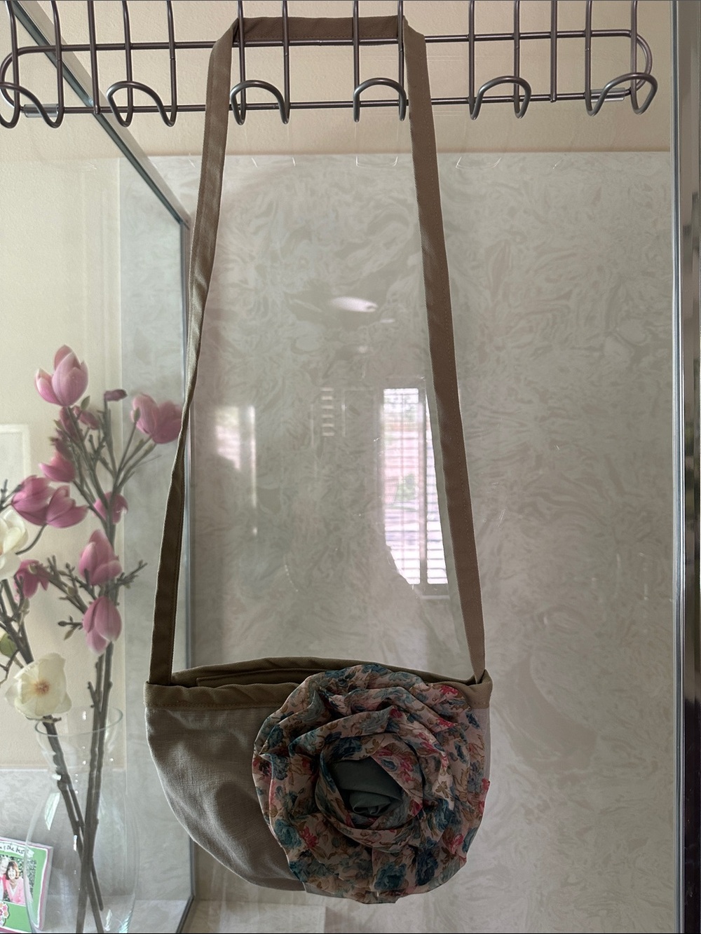 Beige Crossbody Bag with Floral Rosette Accent